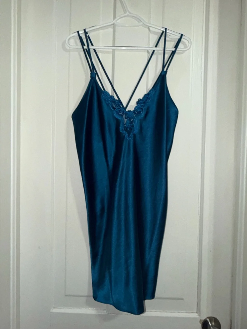 Vintage Women's size medium Teal Satin Slip Dress Lace Trim night gown sleep